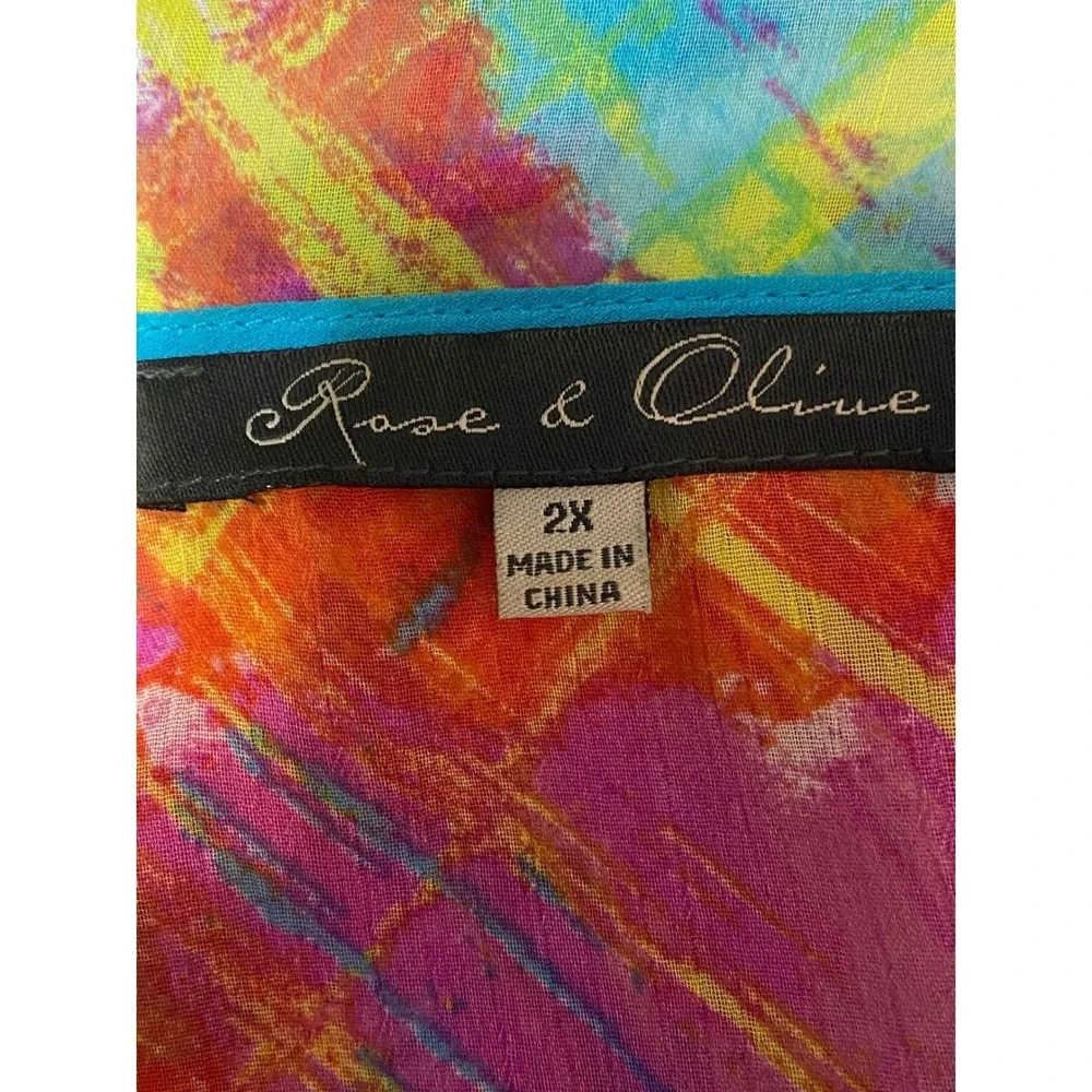 Rose & Olive Womens 2X Kaftan Tunic Top Abstract Print Blue‎ Tassel Boho